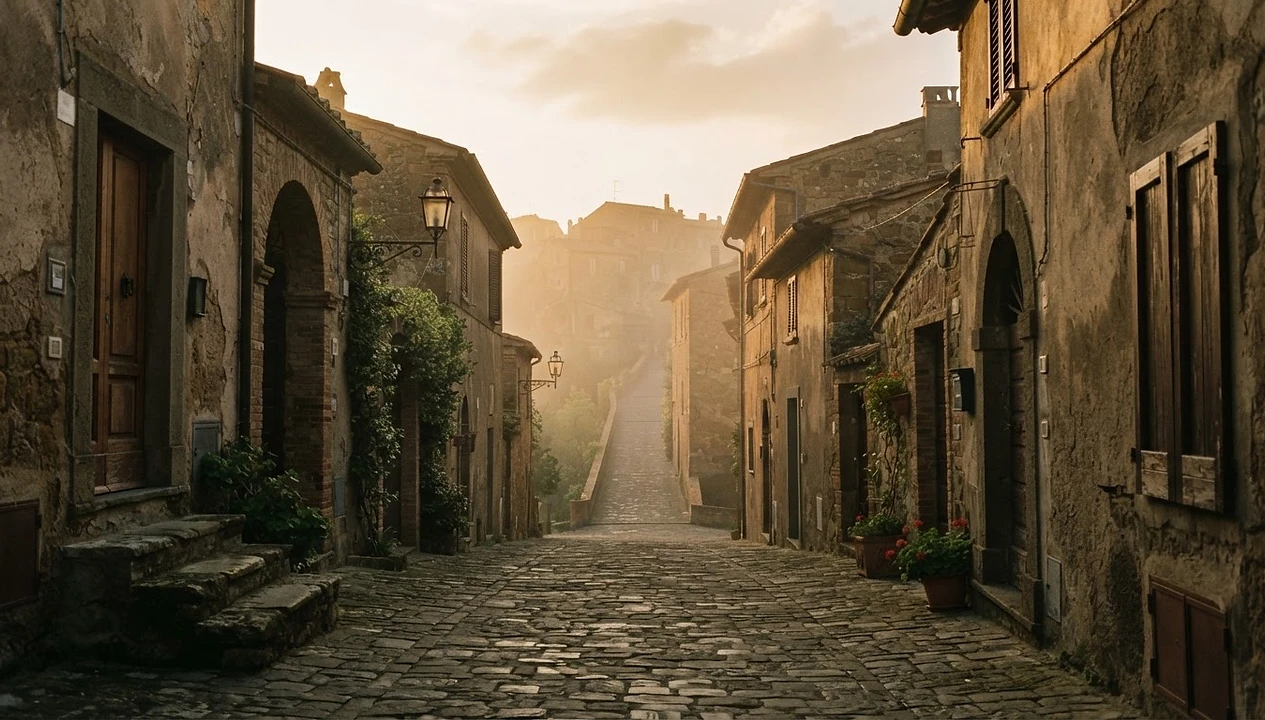 A cobblestone street in an Italian hilltop village at dawn
